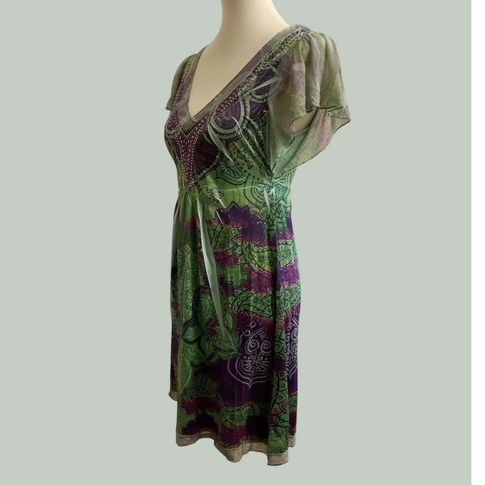 Unity World Wear Paisley Beaded Liquid Dress Womens PS Green Purple Fairy - Picture 2 of 11